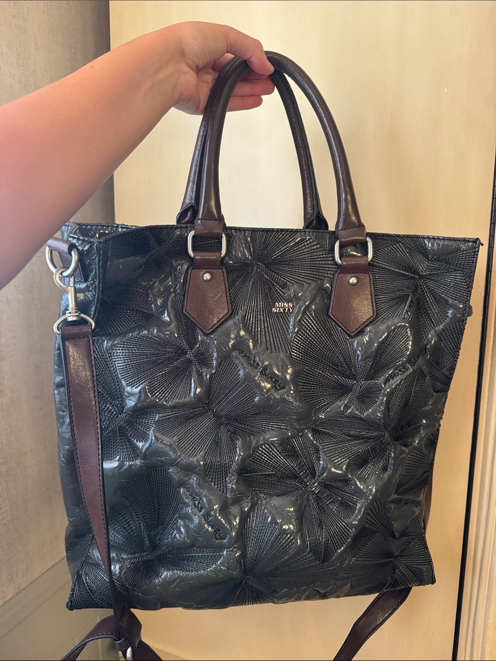 Miss Sixty Black Patent Floral-Textured Tote with Brown Handles